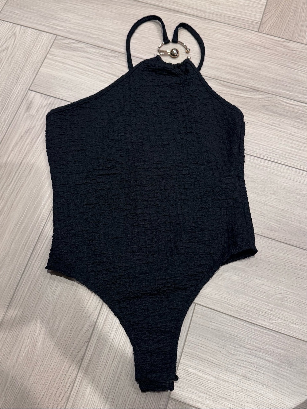 Boohoo Black Textured Halter Bodysuit with Ring Detail